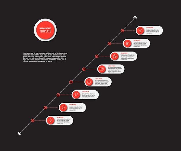 Plantilla de infografía con siete iconos de elementos rojos redondos y texto sobre un fondo negro