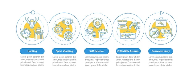 Plantilla de infografía de tiro deportivo. pistola para elementos de diseño de presentación de defensa personal. visualización de datos con pasos. gráfico de la línea de tiempo del proceso. diseño de flujo de trabajo con iconos lineales