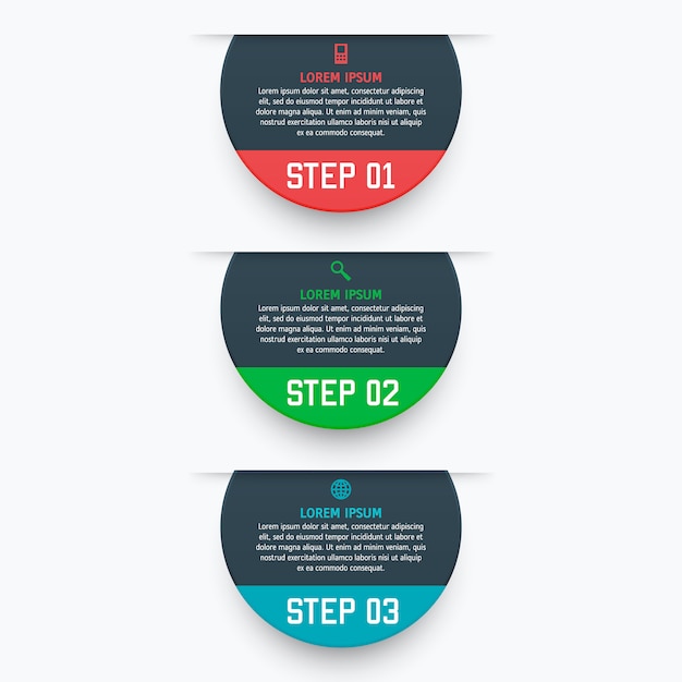 Plantilla de infografía con tres opciones en estilo material. Se puede usar como un cuadro, un banner numerado, una presentación, un gráfico, un informe, una web, etc.
