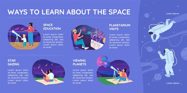 Plantilla de infografía de vector de color plano de educación espacial. visita al observatorio. cartel con texto, diseño de concepto de página ppt con personajes de dibujos animados. visualización creativa de datos. idea de banner de información