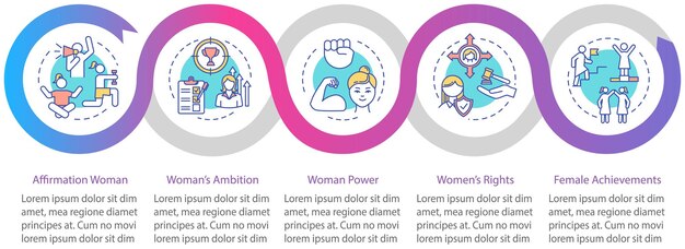 Plantilla de infografía de vector de feminismo. Elementos de diseño de presentación de logros y poder de las mujeres. Visualización de datos con 5 pasos. Gráfico de la línea de tiempo del proceso. Diseño de flujo de trabajo con iconos lineales
