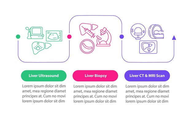 Plantilla de infografía de vector de prueba de hígado. biopsia de órganos, elementos de diseño de presentación de tomografía computarizada. visualización de datos en 3 pasos. gráfico de la línea de tiempo del proceso. diseño de flujo de trabajo con iconos lineales