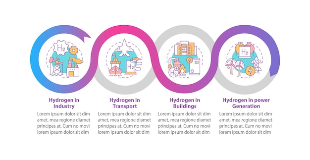 Plantilla de infografía de vector de uso de hidrógeno. H2 en elementos de diseño de esquema de presentación de la industria. Visualización de datos en 4 pasos. Gráfico de información de la línea de tiempo del proceso. Diseño de flujo de trabajo con iconos de línea