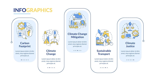 Plantilla de infografía vectorial de ajuste de borde de carbono 2D con visualización de datos de iconos lineales con gráfico de línea de tiempo de proceso de 5 pasos