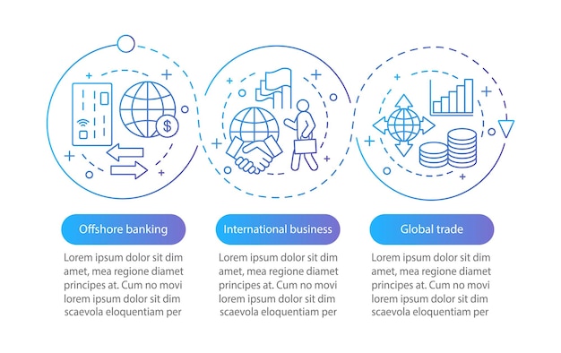 Plantilla de infografía vectorial de banca offshore gestión de finanzas comerciales globales de negocios internacionales visualización de datos con opciones de tres pasos gráfico de línea de tiempo de proceso diseño de flujo de trabajo con iconos