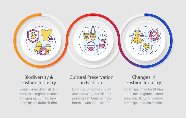 plantilla de infografía vectorial colorida de moda sostenible 2D con iconos de línea visualización de datos con gráfico de línea de tiempo de proceso de 3 pasos