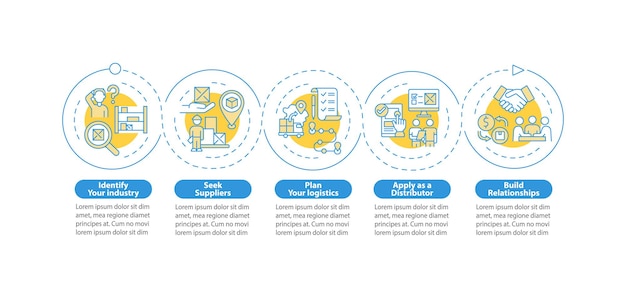 Plantilla de infografía vectorial de consejos de inicio de negocio de distribución. Elementos de diseño de esquema de presentación minorista. Visualización de datos con 5 pasos. Gráfico de información de la línea de tiempo del proceso. Diseño de flujo de trabajo con iconos de línea