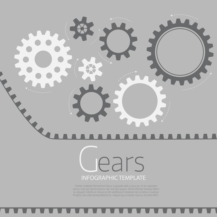 Vector plantilla de infografía vectorial con engranajes sobre fondo gris concepto de negocio e industria con procesos de pasos de piezas de opciones