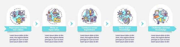 Plantilla de infografía vectorial de métodos de contenido compartible. Elementos de diseño de esquema de presentación de carta abierta. Visualización de datos con 5 pasos. Gráfico de información de la línea de tiempo del proceso. Diseño de flujo de trabajo con iconos de línea