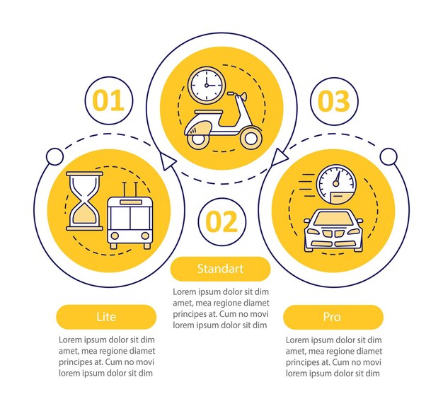 Plantilla de infografía vectorial de planes tarifarios Membresía de suscripción profesional estándar Lite Visualización de datos con tres pasos y opciones Gráfico de línea de tiempo de proceso Diseño de flujo de trabajo con iconos