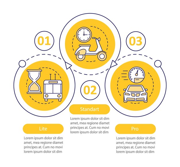 Plantilla de infografía vectorial de planes tarifarios membresía de suscripción profesional estándar lite visualización de datos con tres pasos y opciones gráfico de línea de tiempo de proceso diseño de flujo de trabajo con iconos