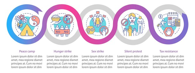 Plantilla de infografía vectorial de protesta pacífica. elementos de diseño de presentación de negocios. visualización de datos con cinco pasos y opciones. gráfico de línea de tiempo del proceso. diseño de flujo de trabajo con iconos lineales