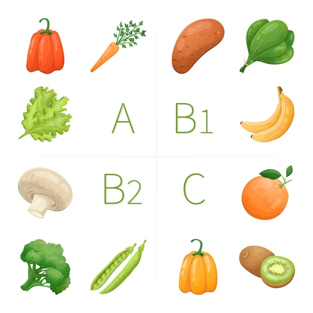 Plantilla de infografía vectorial sobre el tema de alimentos saludables y vitaminas Ilustración de verduras y frutas naturales frescas con nutrientes