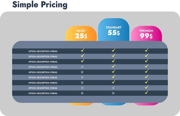 plantilla de infografía vectorial tabla de precios de las tarifas en gradiente multicolor