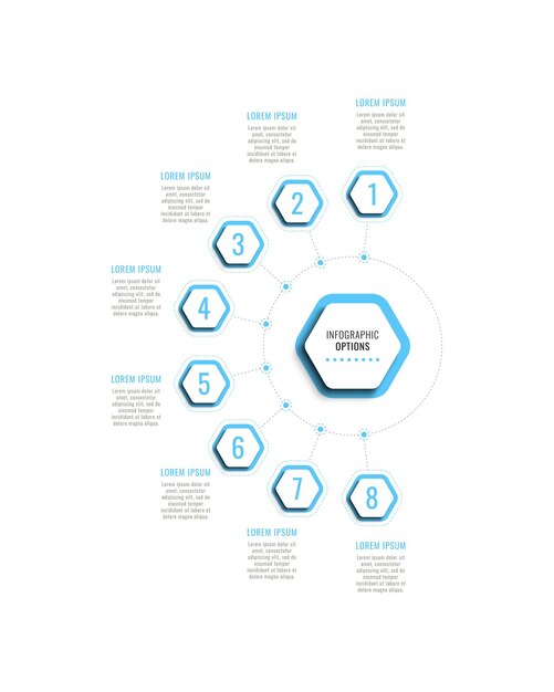 Plantilla de infografía vertical con ocho elementos hexagonales de color azul claro sobre un fondo blanco