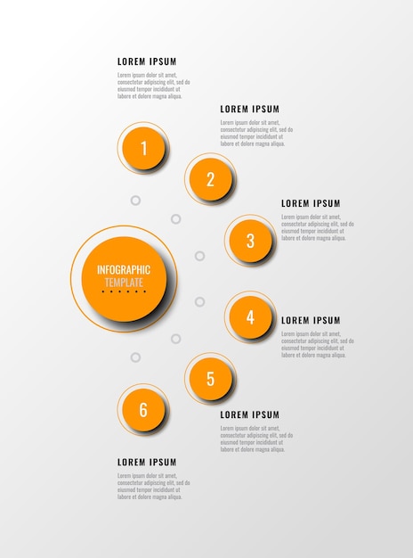 Plantilla de infografía vertical con seis elementos redondos naranjas sobre un fondo blanco