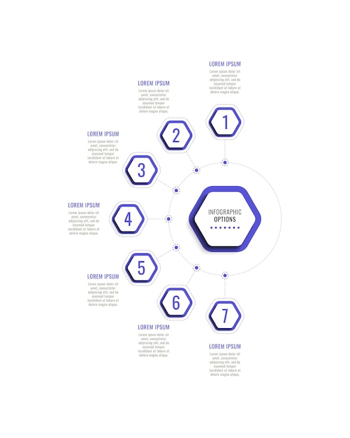 Plantilla de infografía vertical de siete pasos con elementos hexagonales violetas sobre un fondo blanco