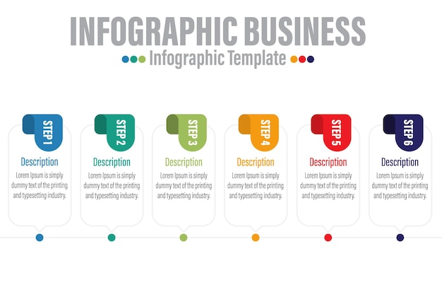 Plantilla de infografía Viaje de línea de tiempo de 6 pasos Gráfico de presentación de plantilla de diseño de infografía simple plana Concepto de negocio con números Seis 6 opciones o pasos ilustración vectorial
