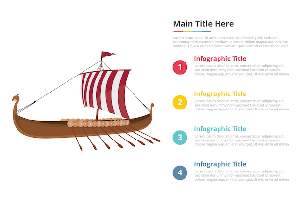 Plantilla de infografías de barco vikingo con cuatro puntos.