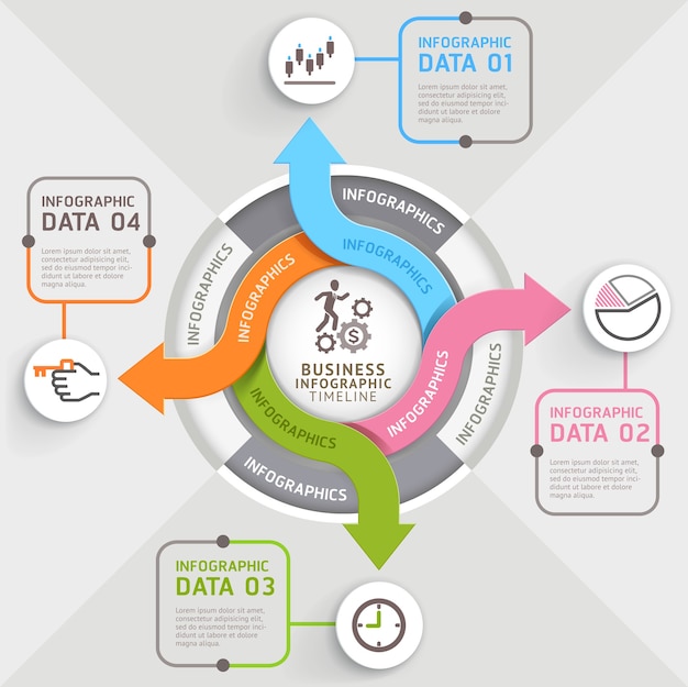 Vector plantilla de infografías de círculo de flecha de 4 pasos.