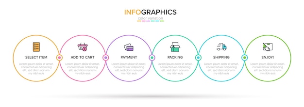 Plantilla para infografías comerciales. Seis opciones o pasos con iconos y texto.
