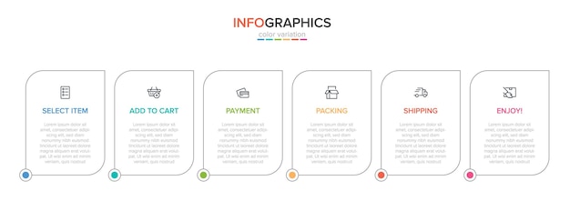 Plantilla para infografías comerciales. Seis opciones o pasos con iconos y texto.