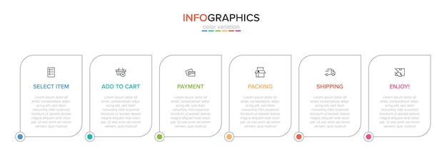 Plantilla para infografías comerciales. seis opciones o pasos con iconos y texto.