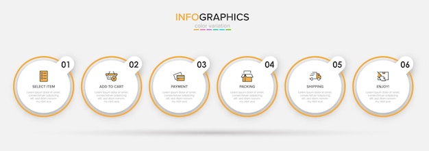 Plantilla para infografías de compras seis opciones o pasos con iconos y texto