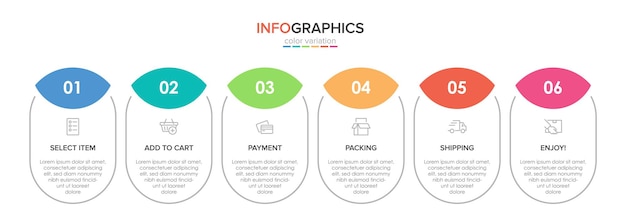 Plantilla para infografías de compras Seis opciones o pasos con iconos y texto