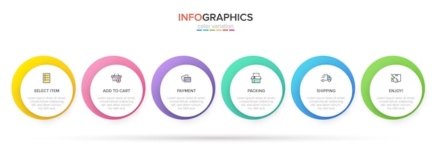 Plantilla para infografías de compras seis opciones o pasos con iconos y texto