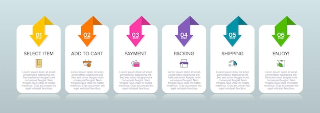 Plantilla para infografías de compras Seis opciones o pasos con iconos y texto