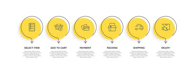 Plantilla para infografías de compras Seis opciones o pasos con iconos y texto