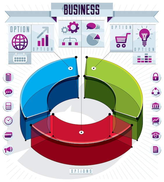 Plantilla de infografías creativas, tres idea de círculo 3d sectorizado, ilustración de diseño vectorial.