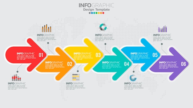 Plantilla de infografías con diagrama de proceso de flujo de trabajo de 6 elementos.