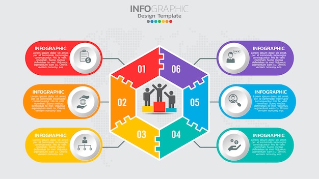 Plantilla de infografías con diagrama de proceso de flujo de trabajo de 6 elementos.