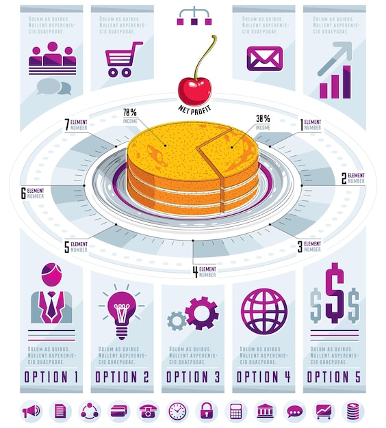 Plantilla de infografías, idea de pedazo de pastel, ilustración vectorial.