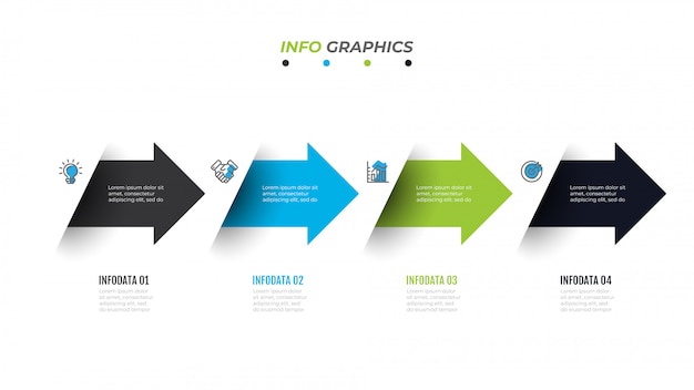 Plantilla de infografías de línea de tiempo empresarial con 4 opciones, pasos, flechas, iconos, diagrama de flujo, presentación, flujo de trabajo o infografías de procesos