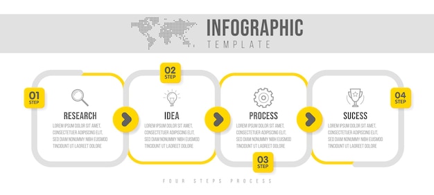 Plantilla de infografías de negocios. línea de tiempo con 4 pasos de flecha, cuatro opciones numéricas. elemento de vector