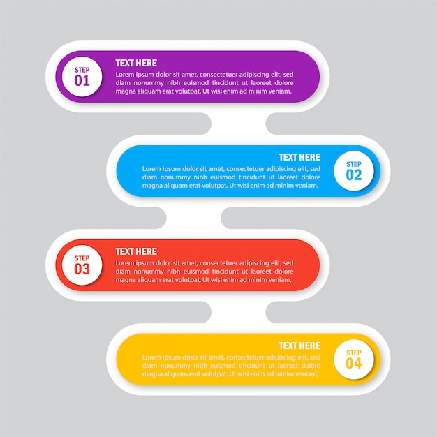 Plantilla de infografías de negocios. Números cuatro pasos aislados sobre fondo blanco.