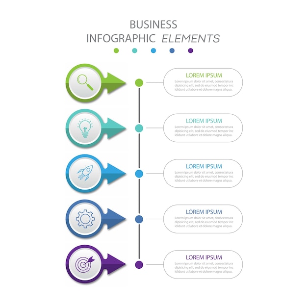 Plantilla de infografías de negocios de presentación con 5 opciones.