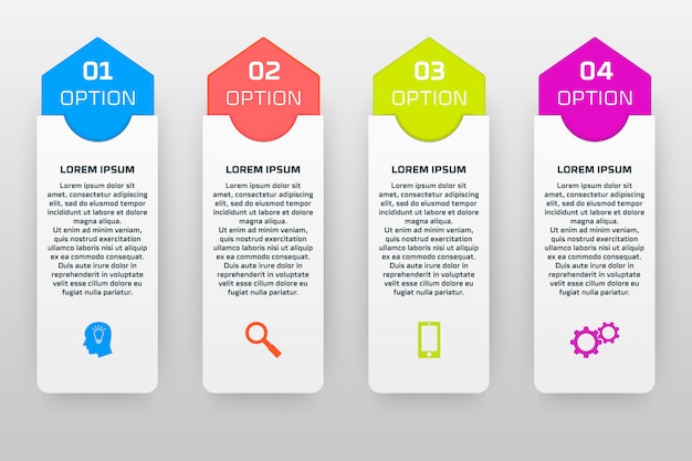 Plantilla de infografías de vector con cuatro opciones en estilo de diseño de materiales.