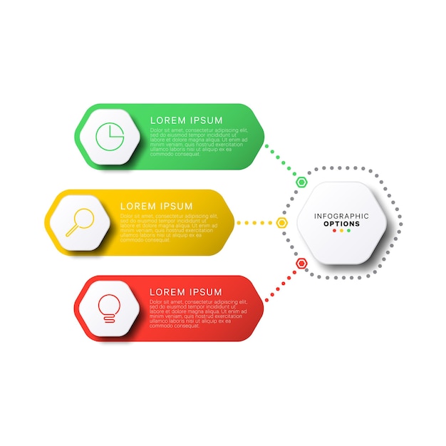 Plantilla infográfica de 3 pasos con elementos hexagonales realistas sobre fondo blanco