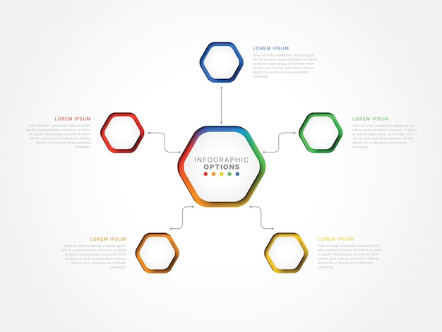 plantilla infográfica 3d de cinco pasos con elementos hexagonales. plantilla de proceso de negocio con opciones