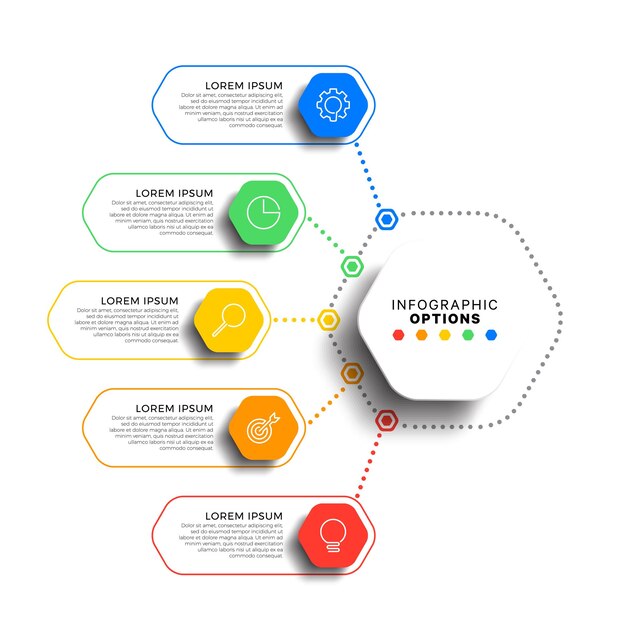 Plantilla infográfica de 5 pasos con elementos hexagonales realistas sobre el proceso comercial de fondo blanco