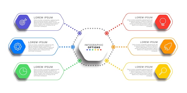 Plantilla infográfica de 6 pasos con elementos hexagonales realistas sobre el proceso comercial de fondo blanco