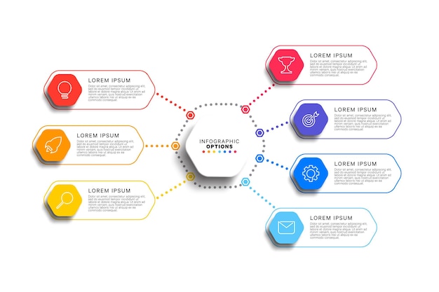 Plantilla infográfica de 7 pasos con elementos hexagonales realistas sobre el proceso comercial de fondo blanco