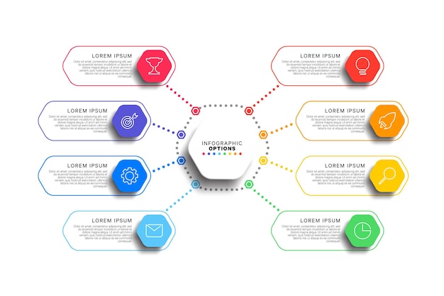 Plantilla infográfica de 8 pasos con elementos hexagonales realistas sobre el proceso comercial de fondo blanco