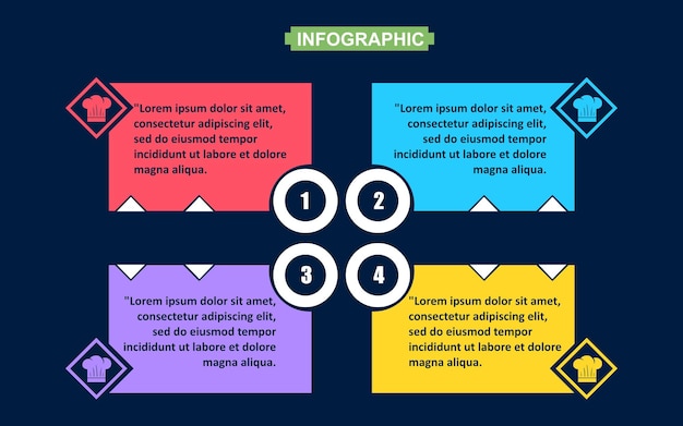 Plantilla infográfica de chef con cuatro opciones en la ilustración de vector de fondo oscuro