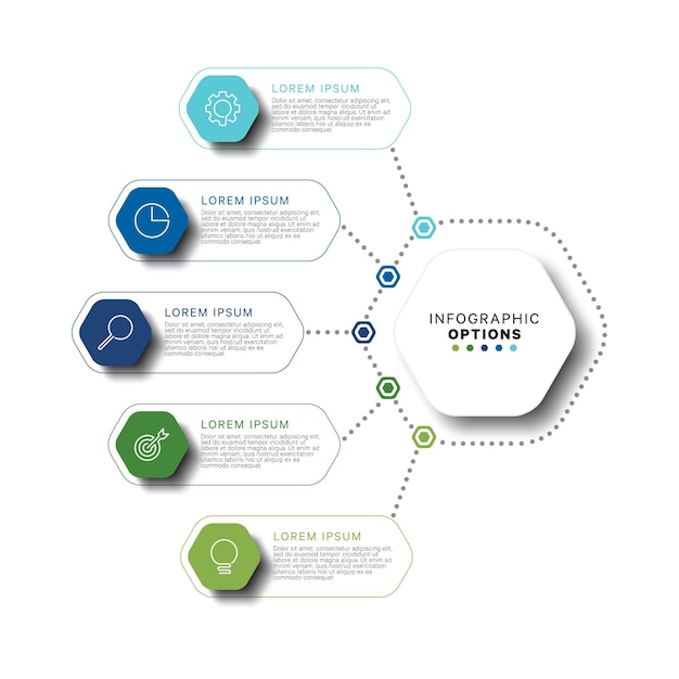 Plantilla infográfica con cinco elementos hexagonales multicolores sobre un fondo blanco.