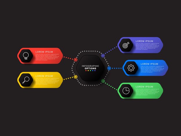 plantilla infográfica con cinco elementos hexagonales sobre fondo negro. proceso de negocio moderno